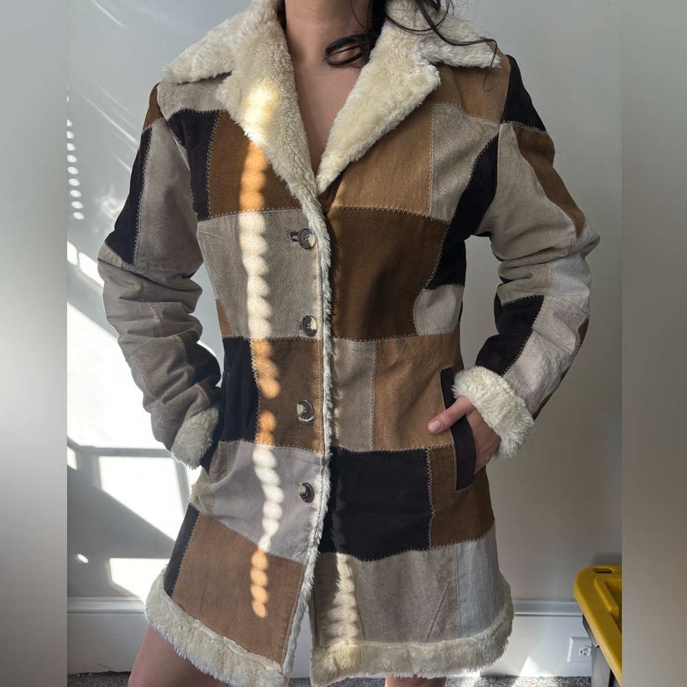 Y2K Tan Brown Suede Patchwork Jacket Leather Indi… - image 2